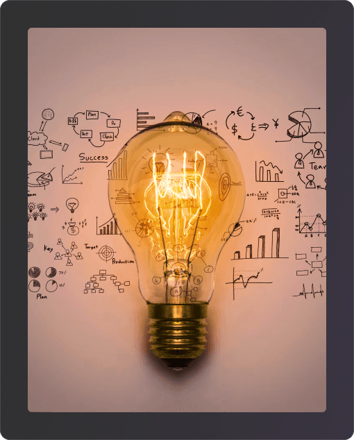 Light bulb with research diagrams